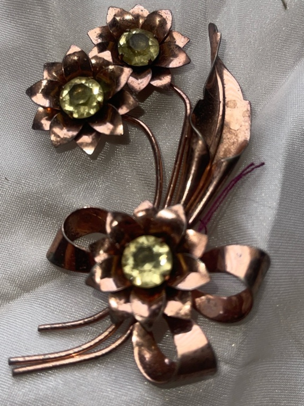 Vintage Floral Copper-Tone Sterling Brooch with Yellow Stones
